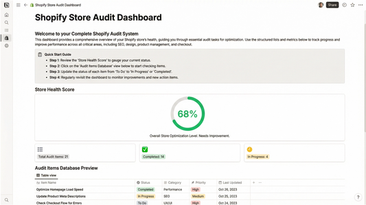 Shopify Store Audit Dashboard with store health score displayed