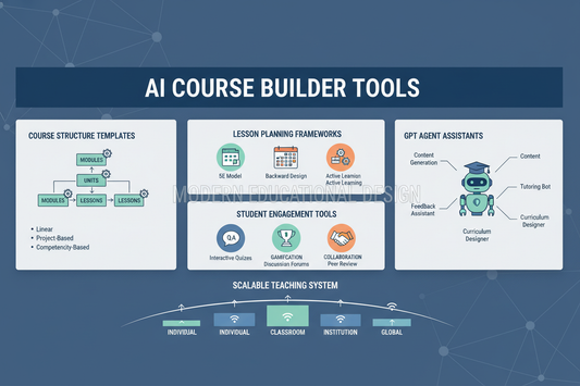 AI Course Builder Tools infographic showing course structure templates, lesson planning frameworks, and student engagement tools