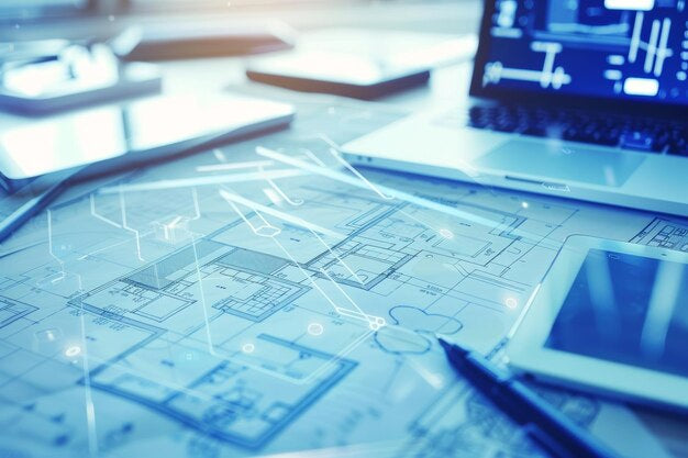 AI plan finder tool on a laptop with architectural blueprints and digital graphs for efficient planning