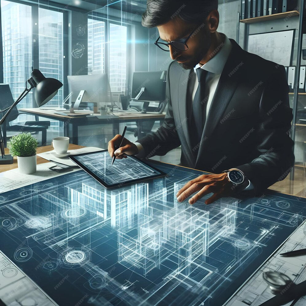 Professional using AI plan finder tool on tablet to design architectural plans in modern office