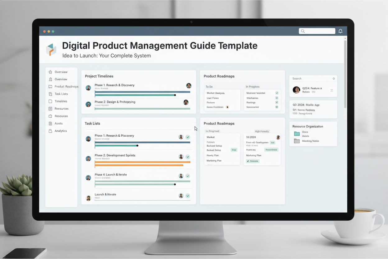 Digital Product Management Guide Template on a computer screen for the creator digital product bundle