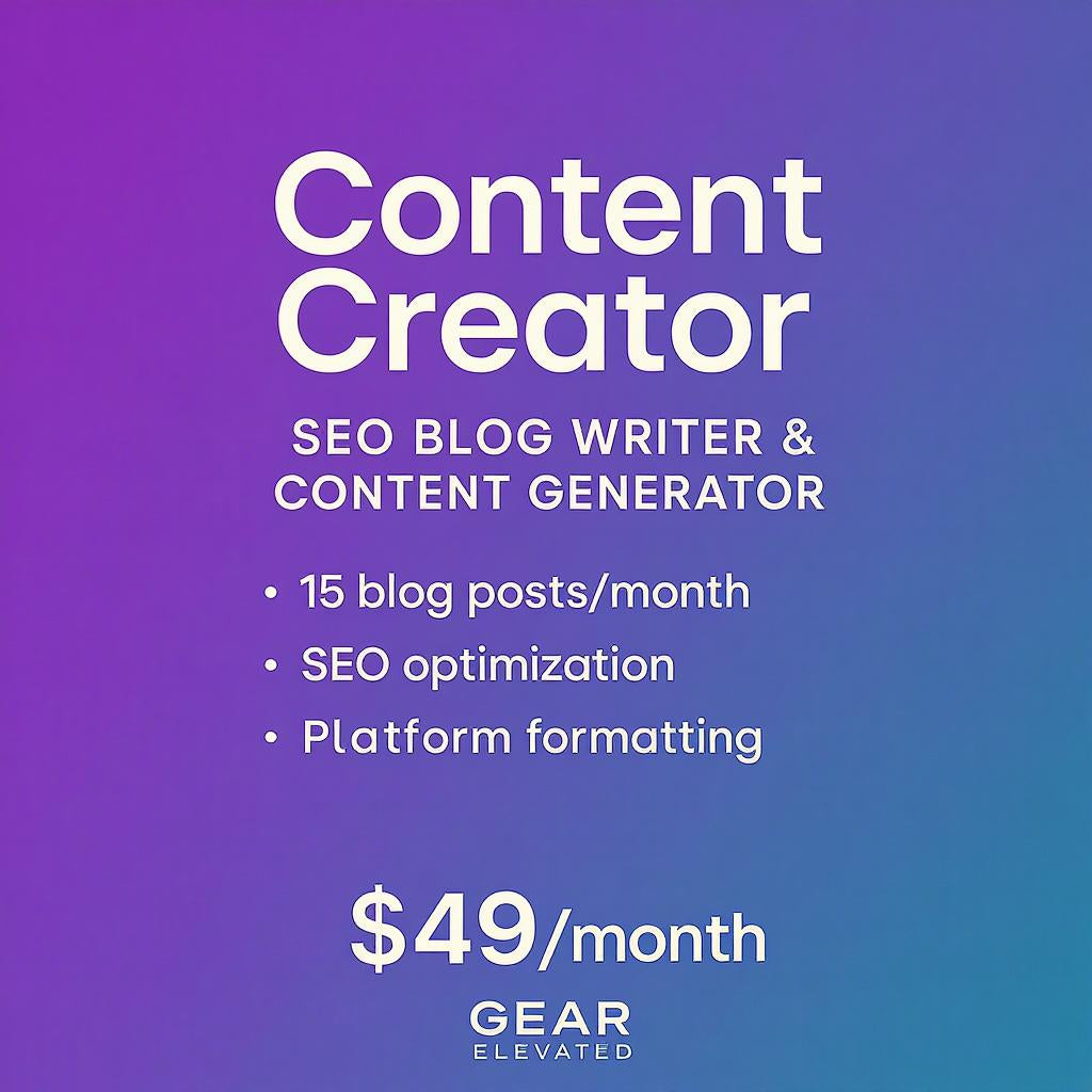 AI SEO content writer plan from Gear Elevated for 15 blog posts per month at $49