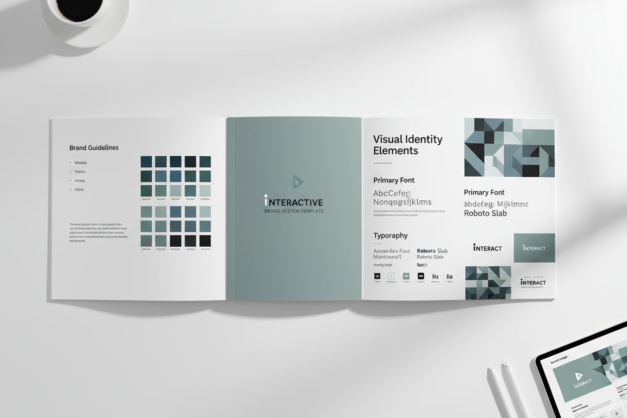Interactive brand system template showcasing brand guidelines and visual identity elements