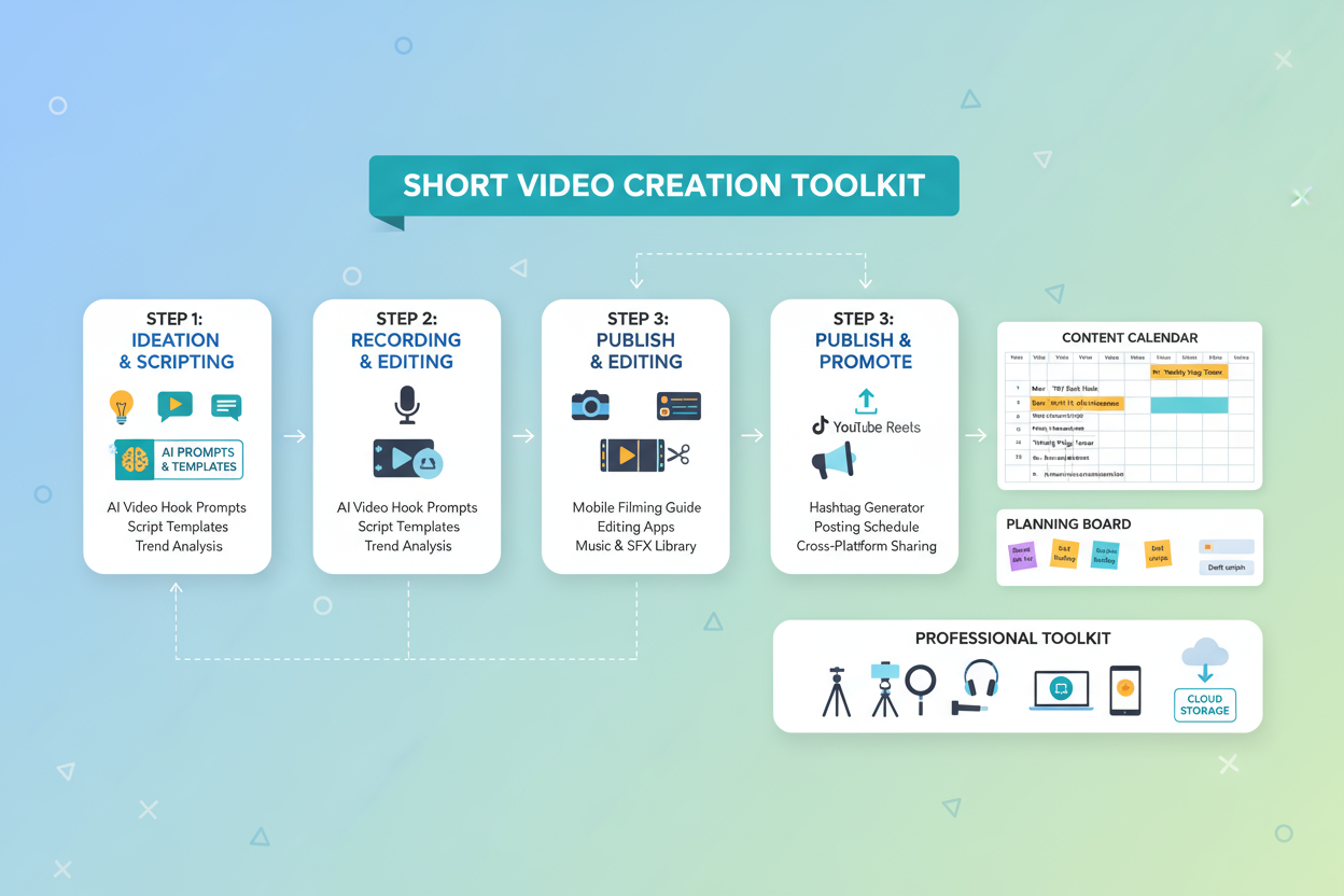 Visual guide outlining the short video creation toolkit steps: ideation, recording, editing, and publishing