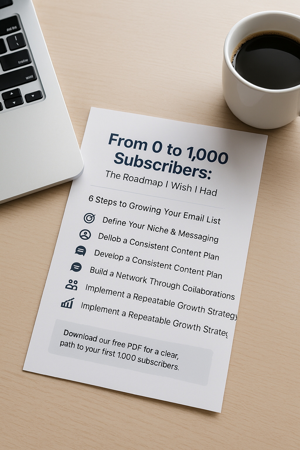 Digital guide titled From 0 to 1,000 Subscribers featuring a subscriber growth strategy and action steps