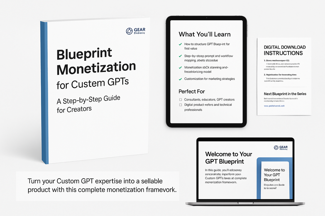 Digital template for AI monetization showing a step-by-step Blueprint guide and digital download instructions