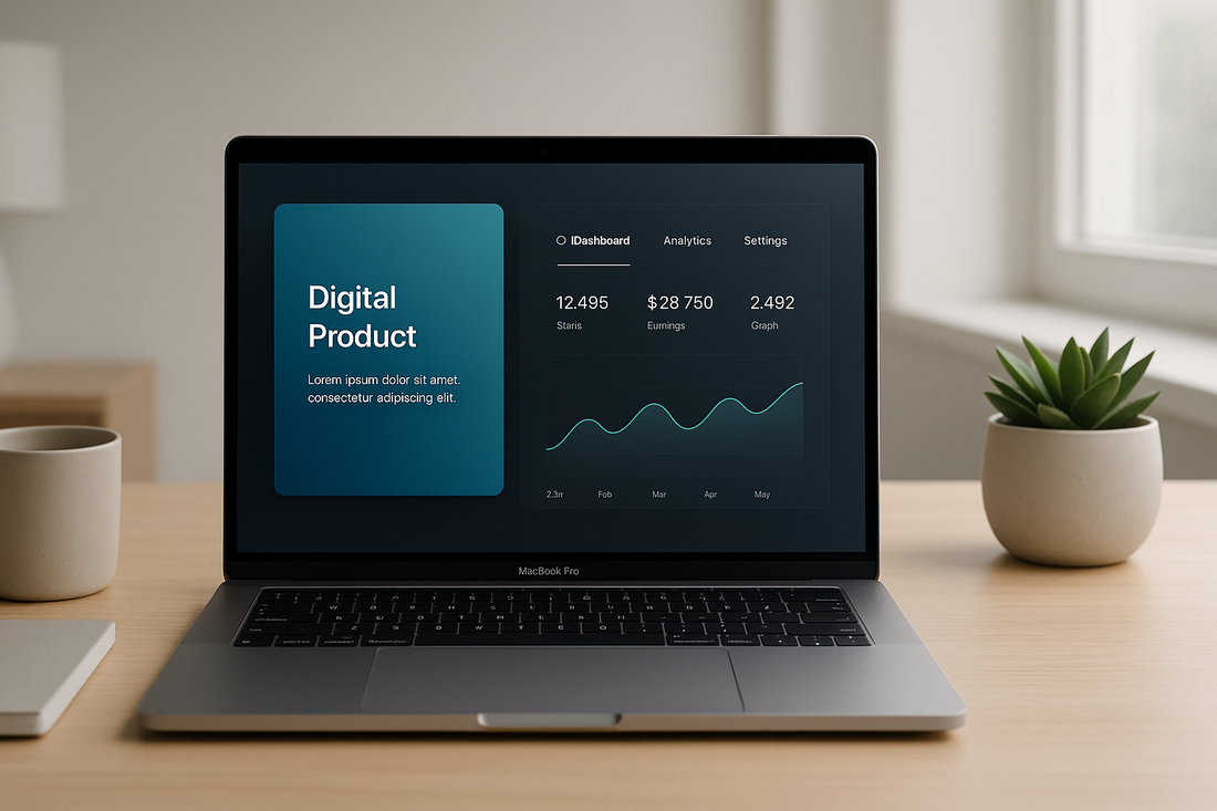 A clean, modern workspace with a MacBook laptop displaying a sleek digital product interface on the screen. Minimalist desk setup with soft natural lighting from a window. 