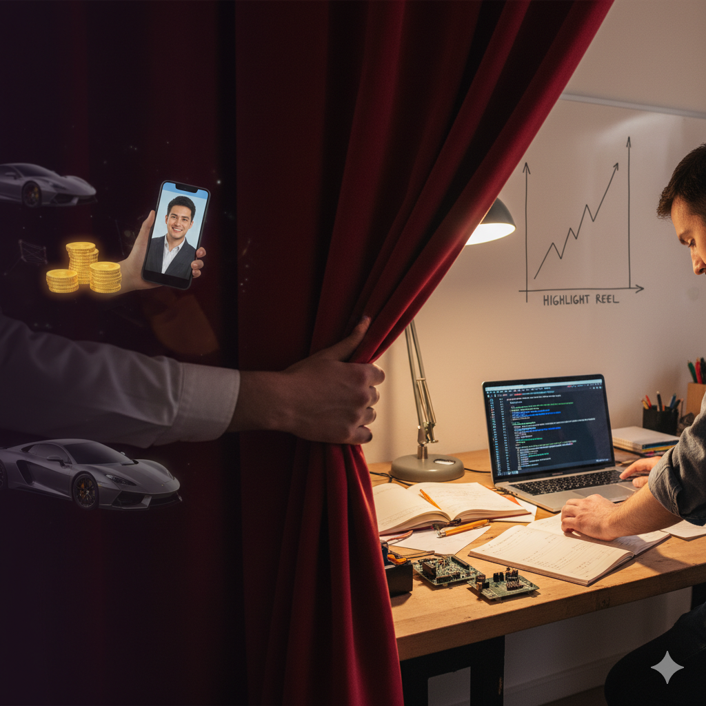 A person revealing a curtain with a phone showing a video call, contrasting Instagram highlight reel vs reality