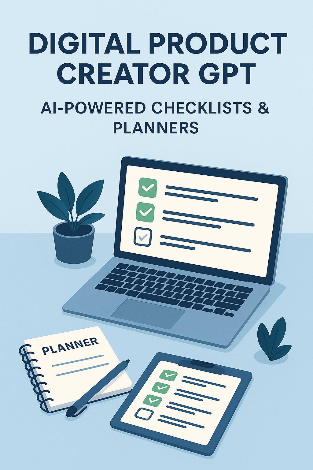 AI-powered product creation digital product creator GPT with checklists and planners on laptop and tablet