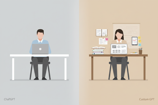 Side-by-side comparison of ChatGPT versus Custom GPT workspaces showing organized preparation with notes and checklists versus empty generic setup