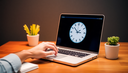 Person using laptop with clock display, highlighting AI productivity tools for time management