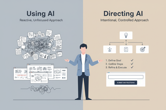 Using AI versus Directing AI comparison showing scattered trial-and-error approach versus structured intentional workflow with checklists
