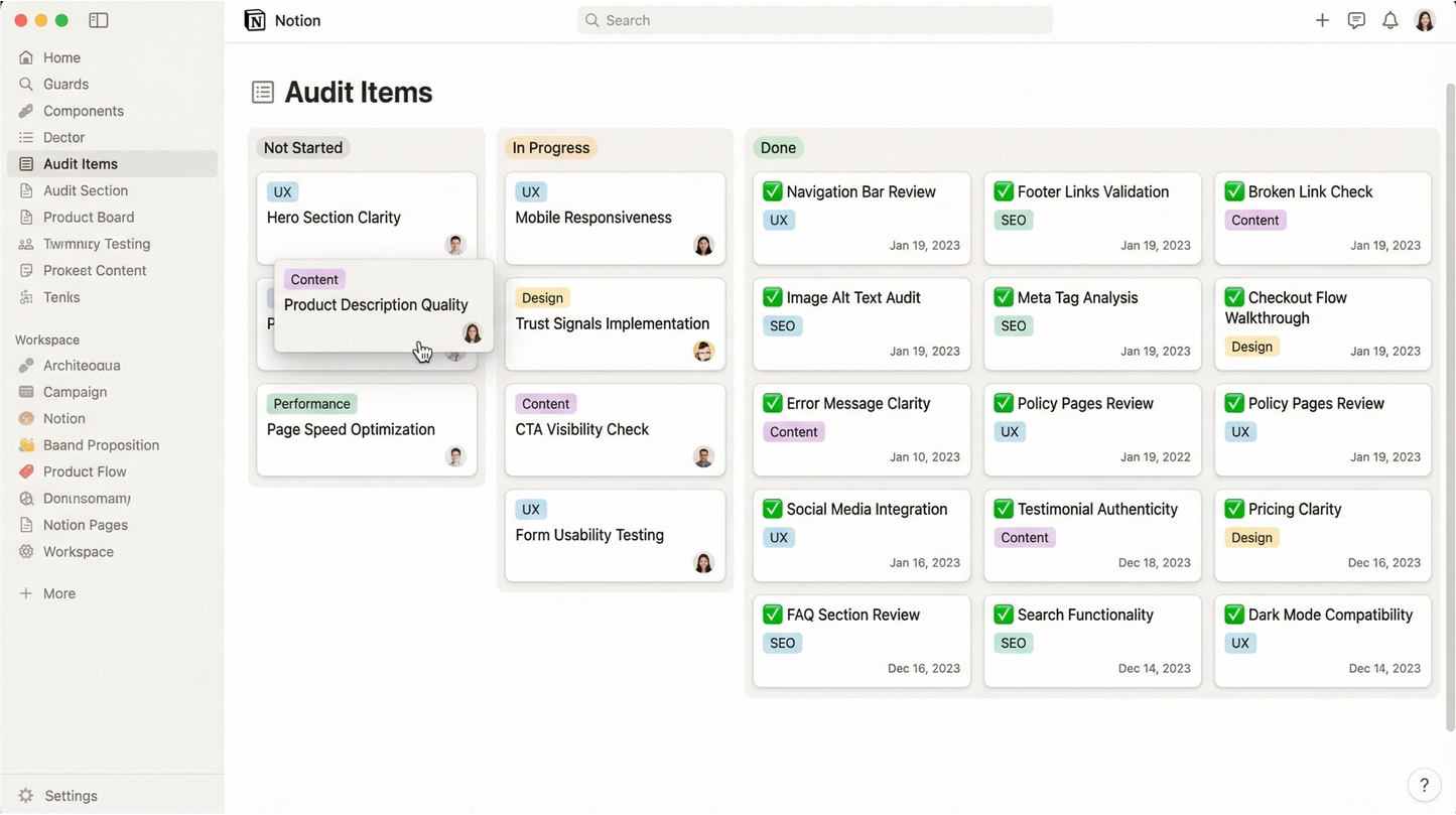Audit items list with progress status in a software interface