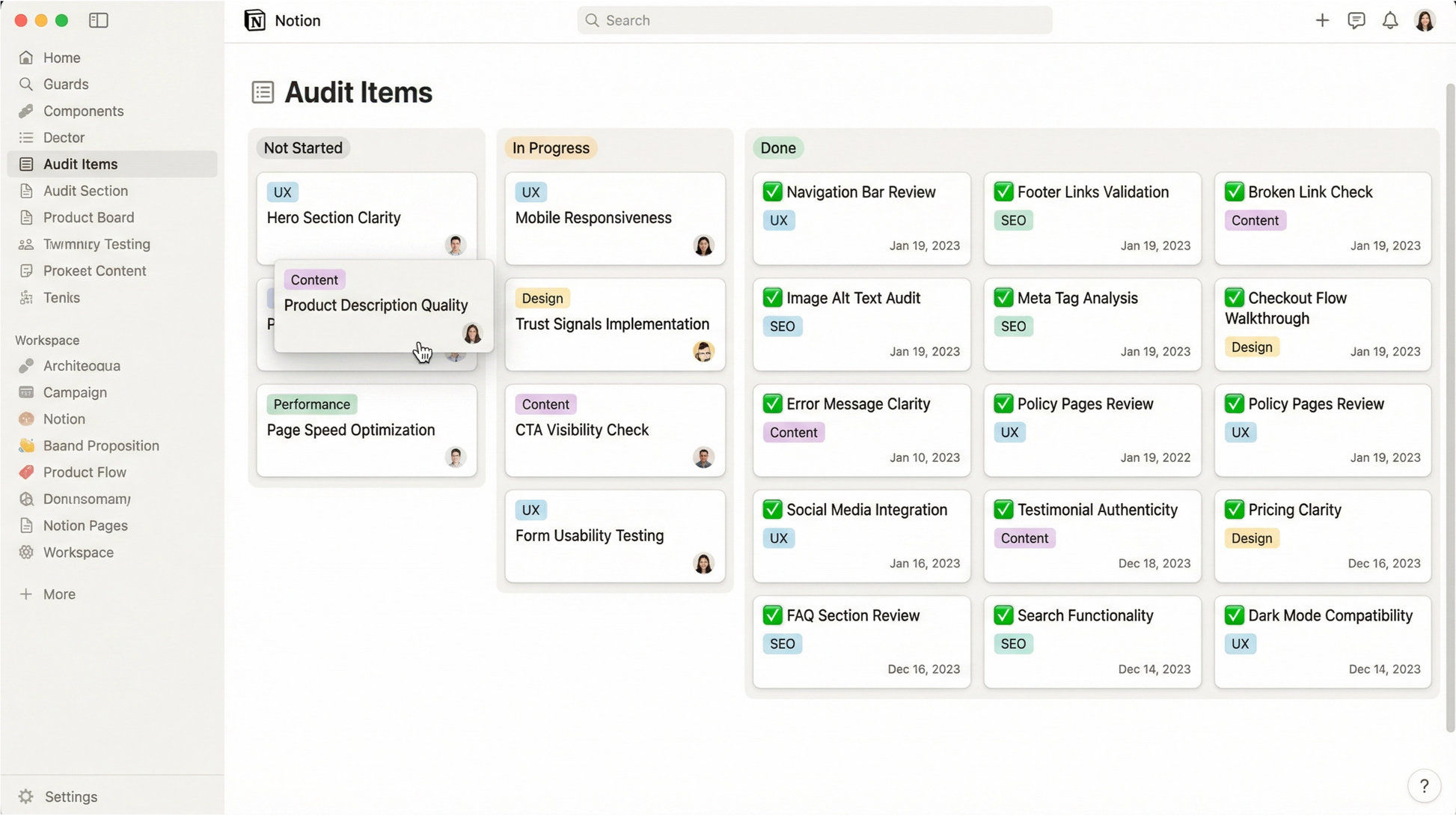 Audit items list with progress status in a software interface