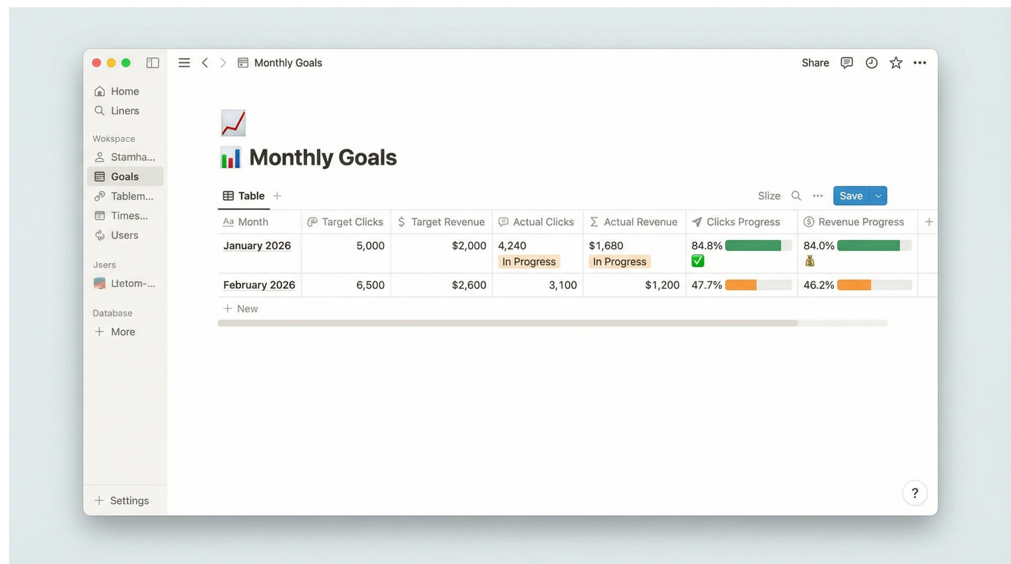 Monthly Goals tracking software interface on a computer screen