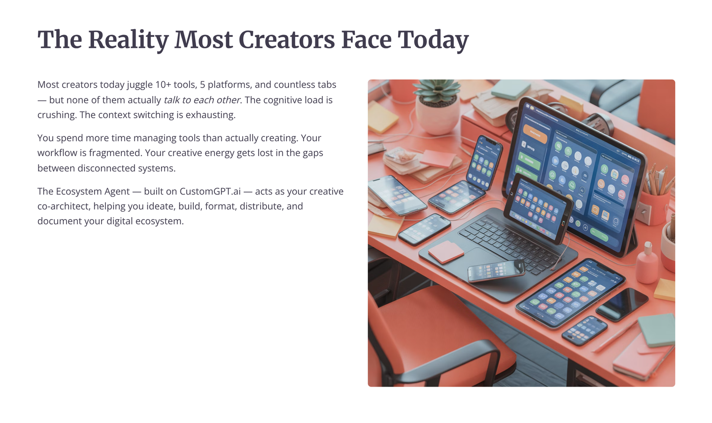 Workspace featuring devices and tools for using an AI assistant for digital product creators