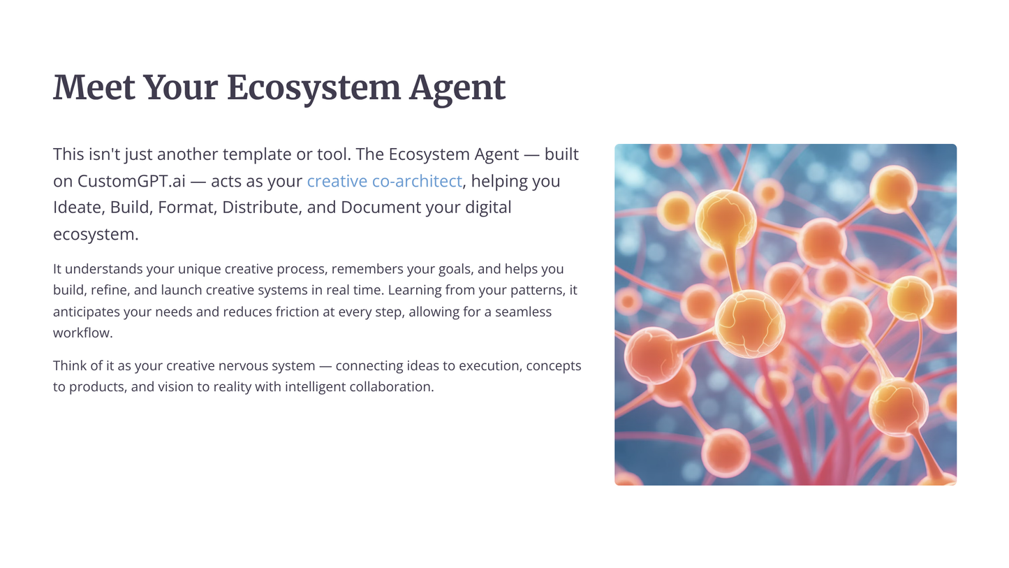 Ecosystem Agent graphic representing connections for AI assistant for digital product creators