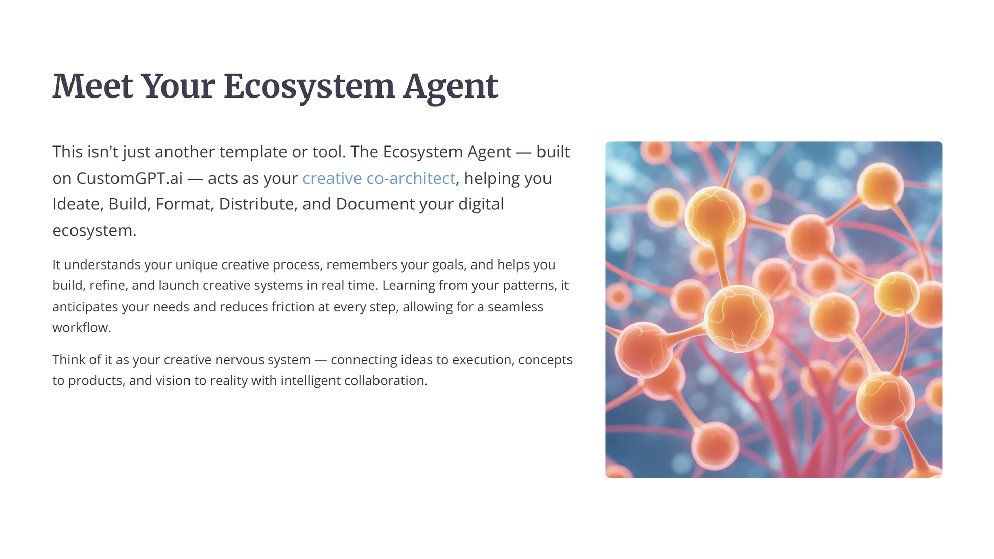 Ecosystem Agent graphic representing connections for AI assistant for digital product creators