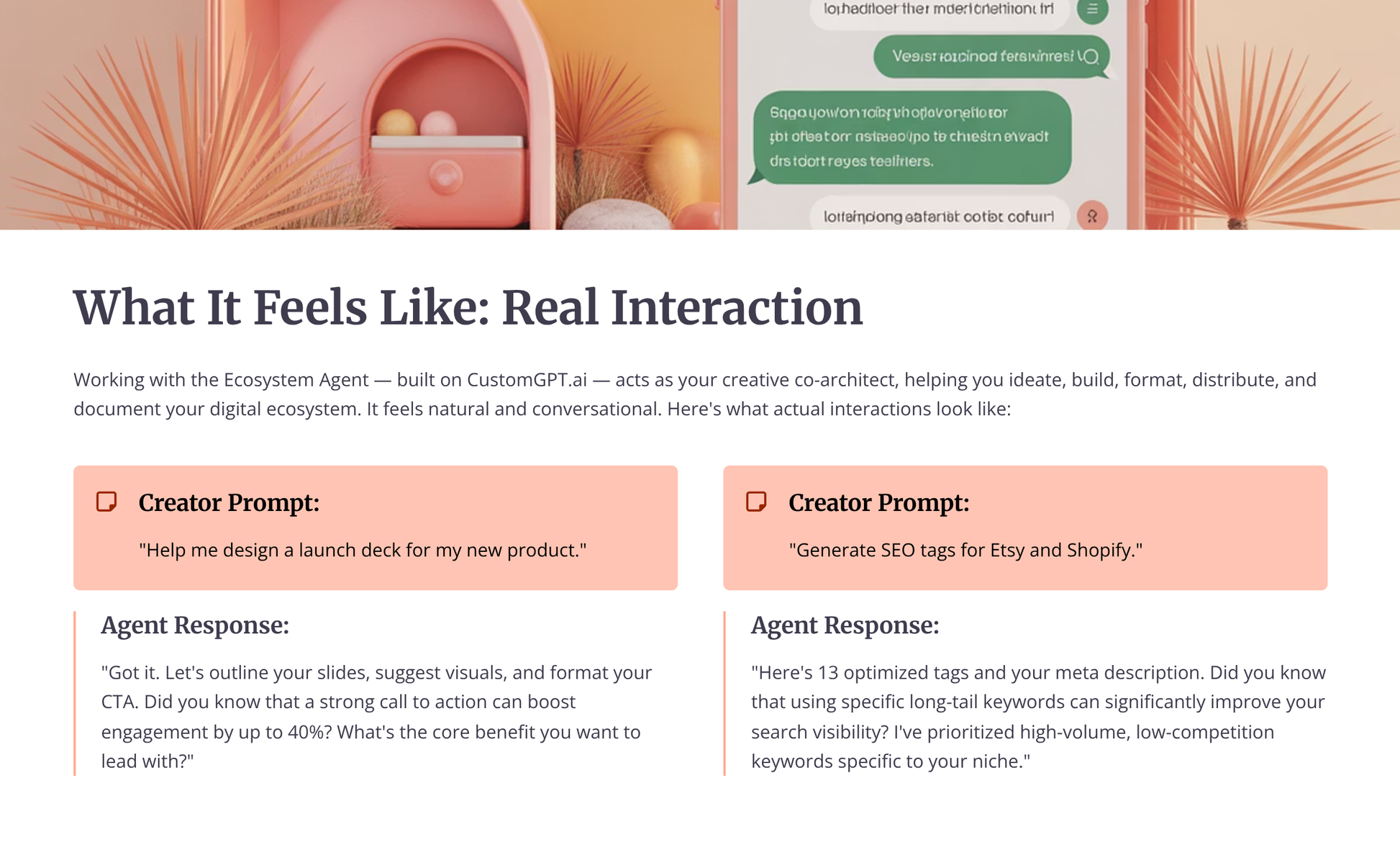 AI assistant for digital product creators providing interaction prompts and responses on a customizable interface