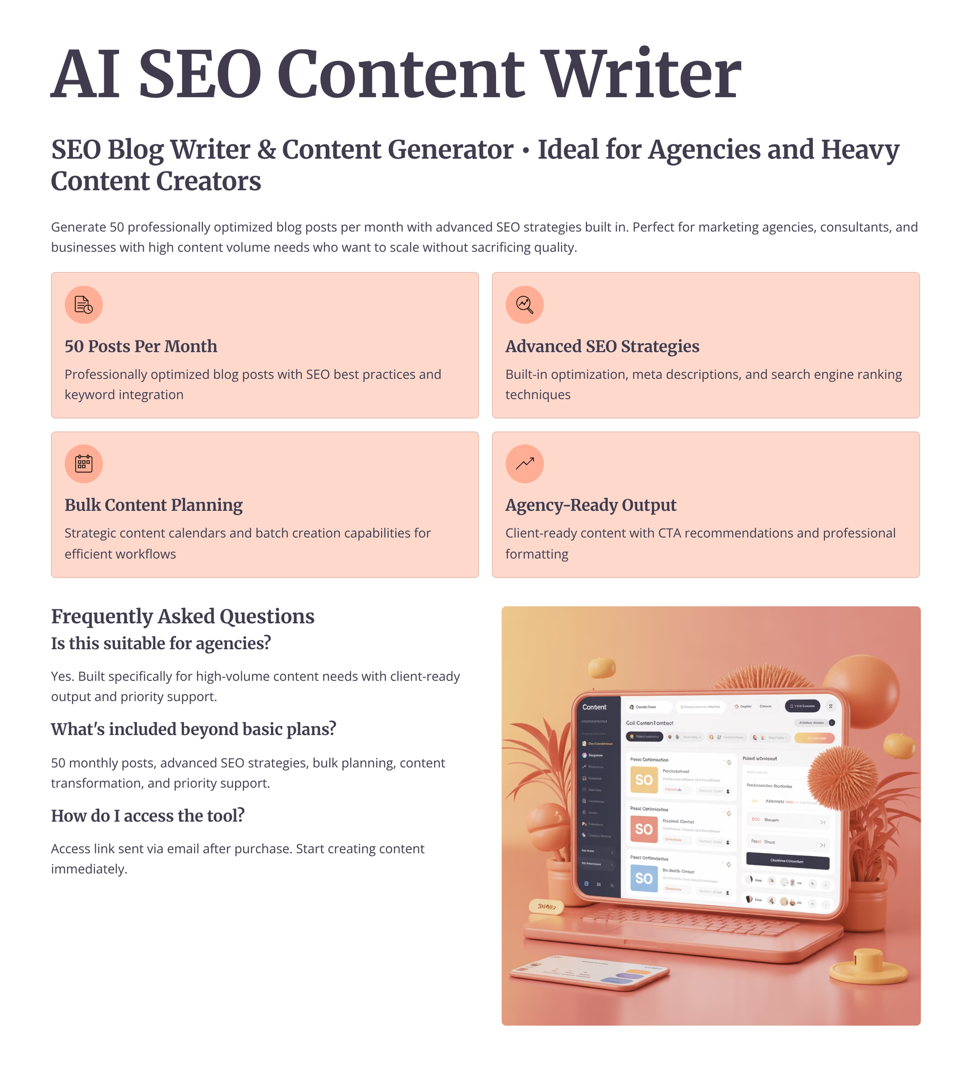AI SEO content writer tool for optimized blog posts and SEO strategies for agencies and creators