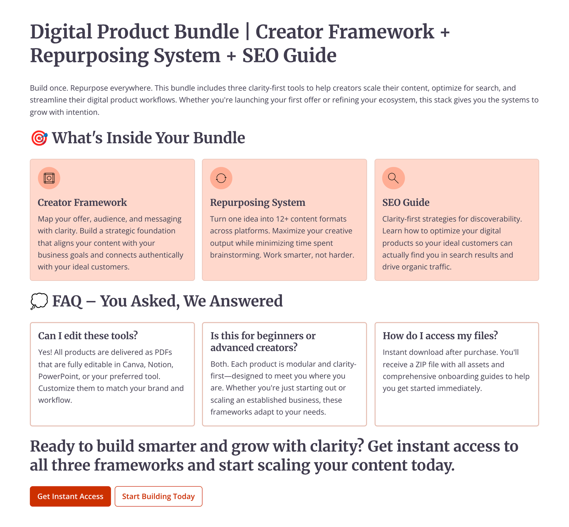 Creator digital product bundle includes framework, repurposing system, and SEO guide for content creators