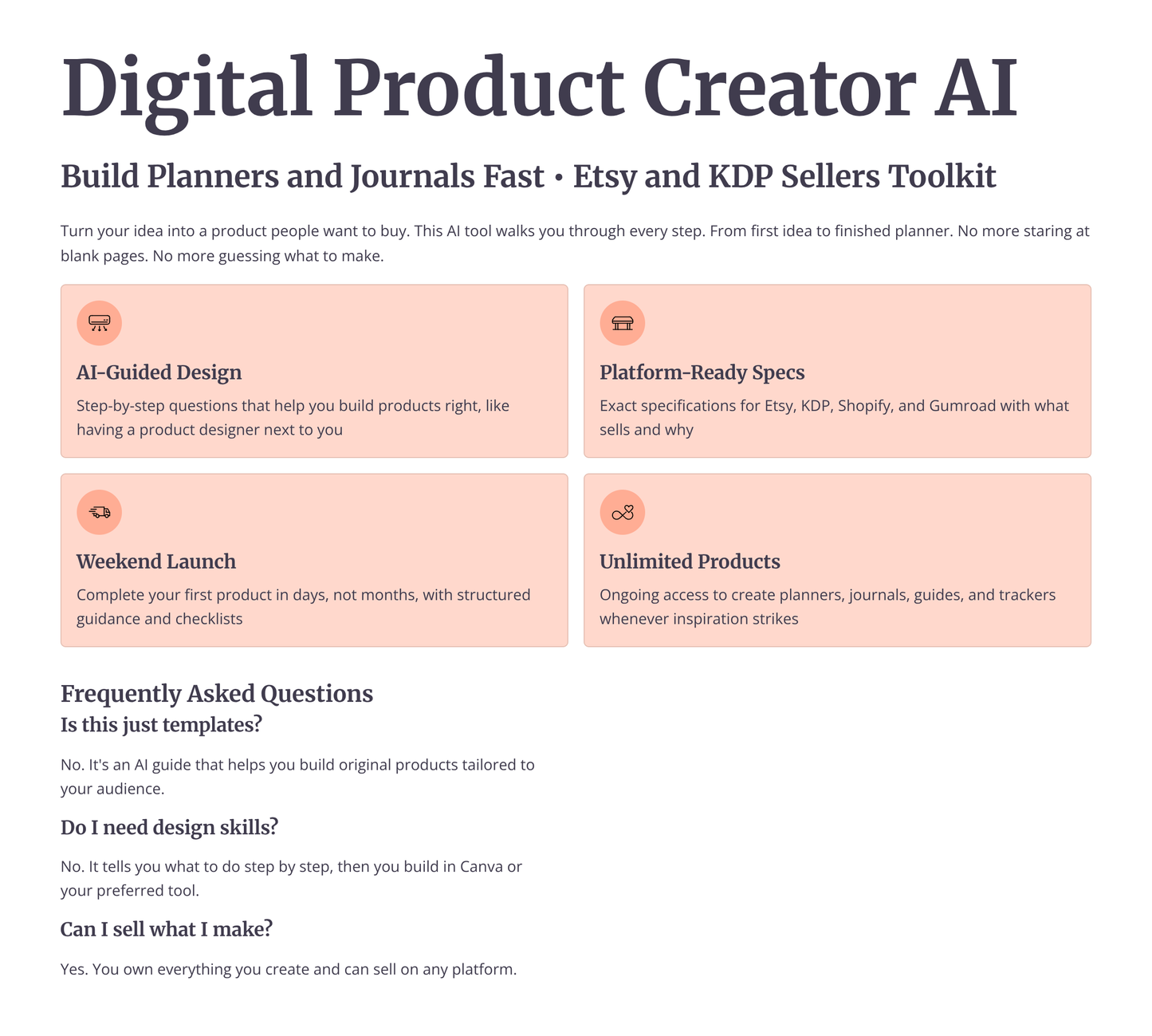 AI digital product creator for Etsy with features like guided design, weekend launch, and unlimited products