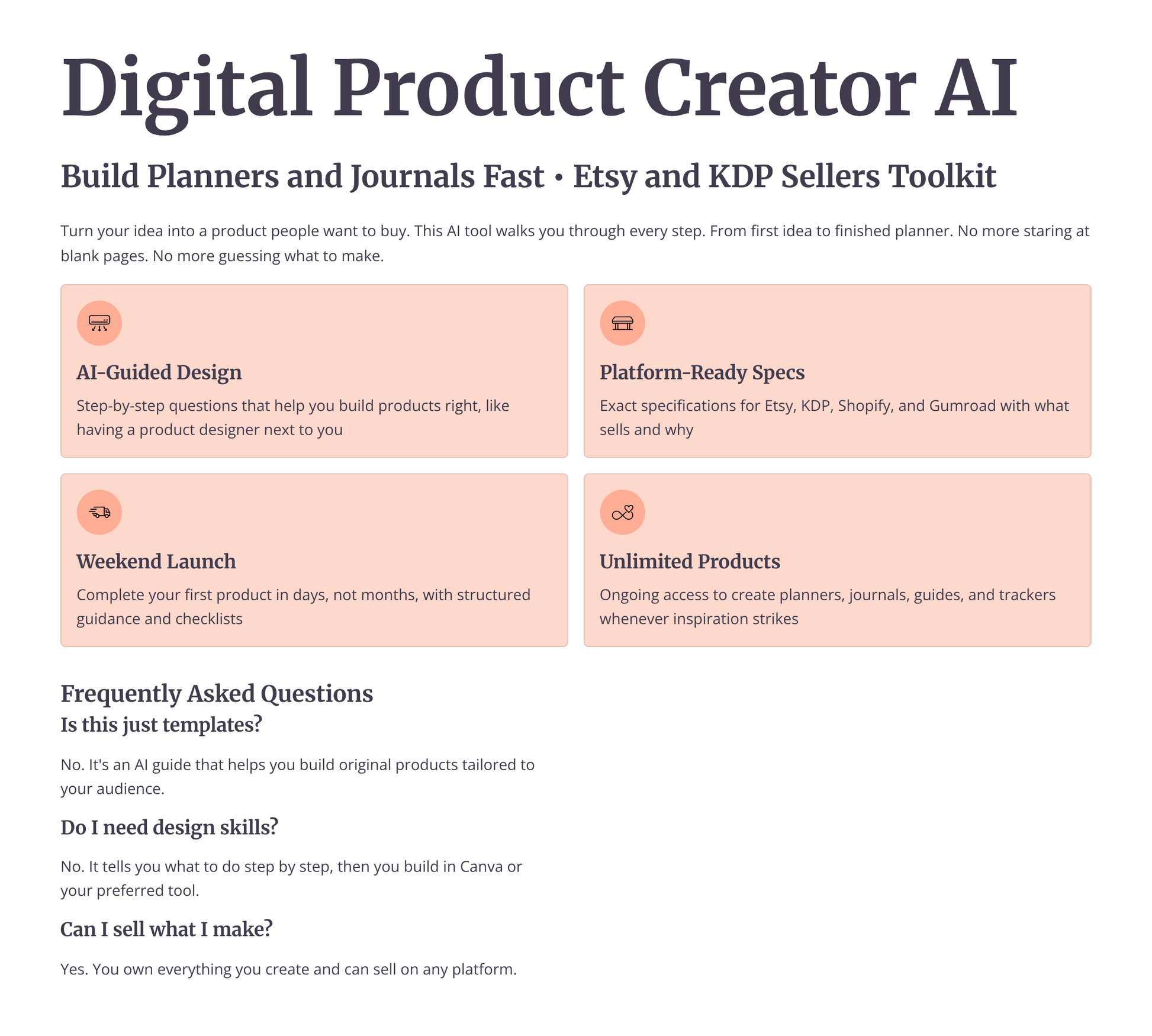 AI digital product creator for Etsy with features like guided design, weekend launch, and unlimited products