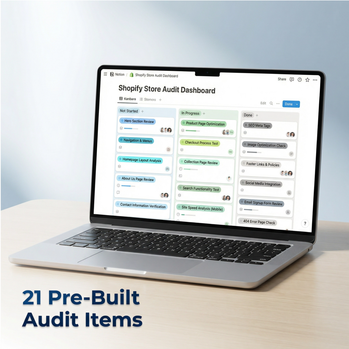 Laptop displaying a Shopify Store Audit Dashboard on a light blue background