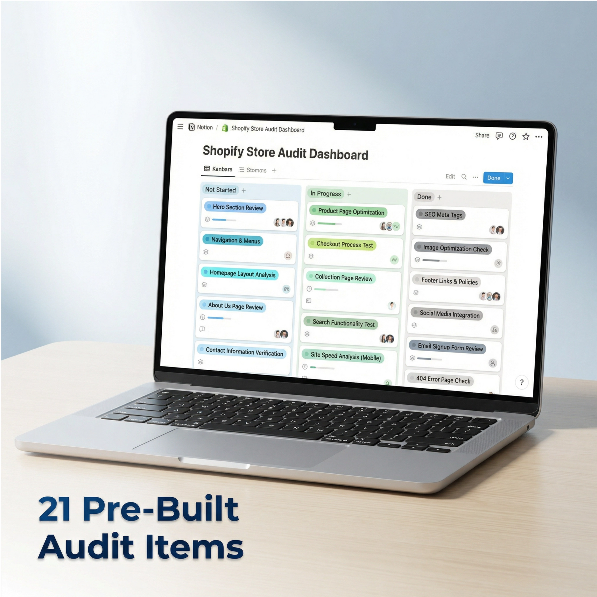 Laptop displaying a Shopify Store Audit Dashboard on a light blue background