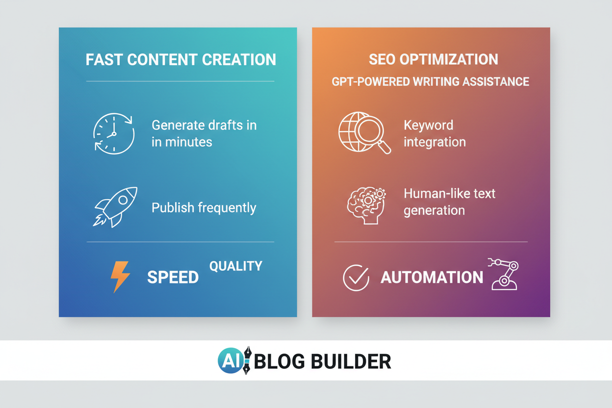 AI Blog Builder tool showcasing fast content creation and SEO optimization features