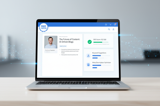 Screenshot of the AI Blog Builder tool showing SEO scores and keyword suggestions on a laptop screen