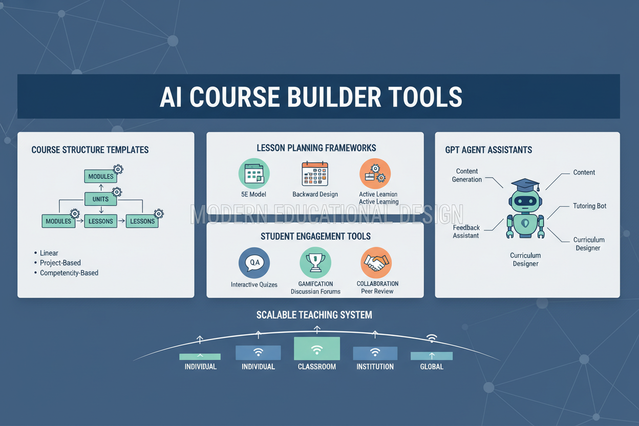 AI Course Builder Tools infographic showing course structure templates, lesson planning frameworks, and student engagement tools