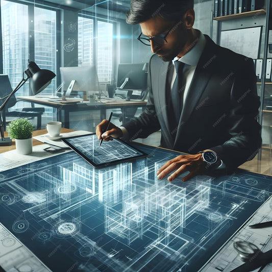 Professional using AI plan finder tool on tablet to design architectural plans in modern office