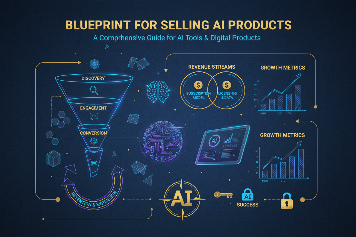 Strategic business blueprint with sales funnel, revenue streams, and growth metrics