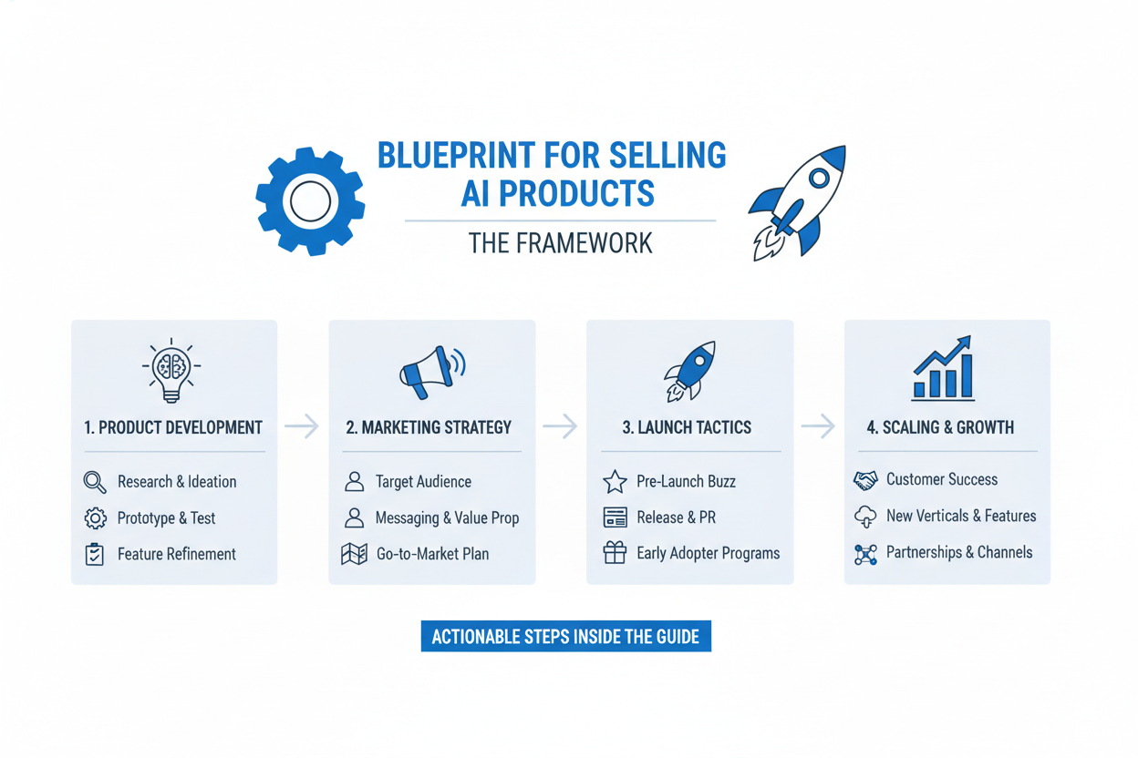 Step-by-step framework showing product development, marketing, launch, and scaling