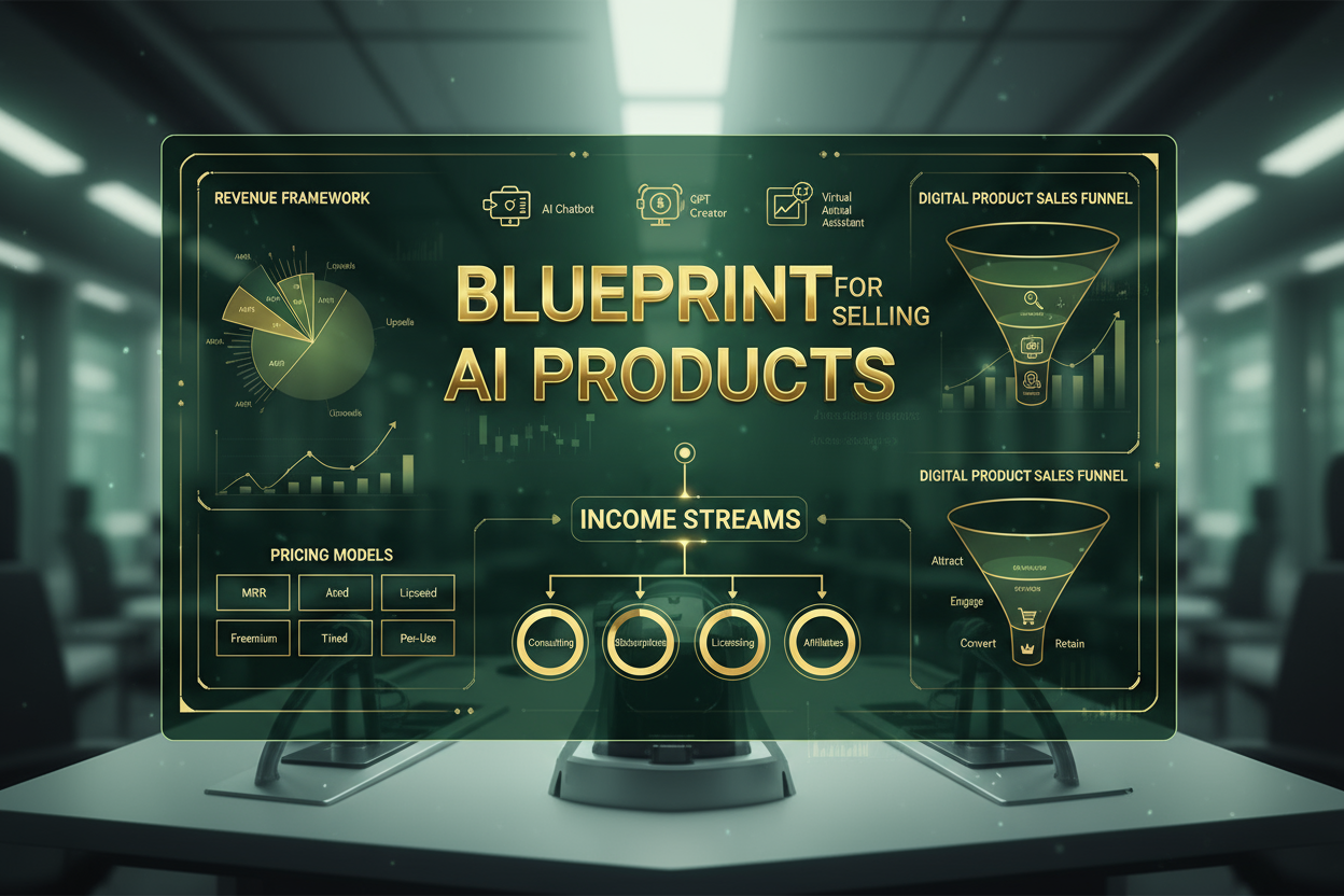 Digital infographic titled blueprint for selling AI products with sales funnel and income streams overview