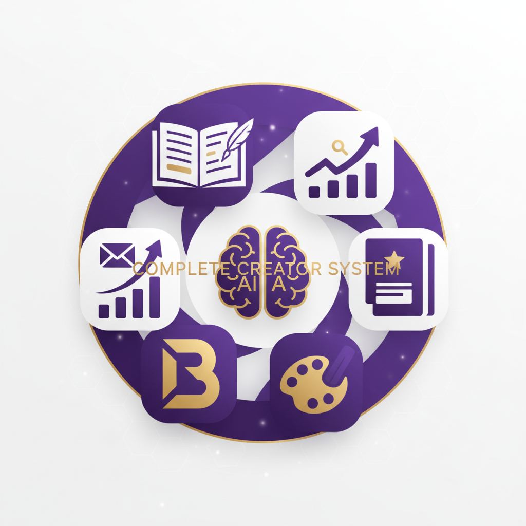 Circular graphic with various icons and text on a purple background