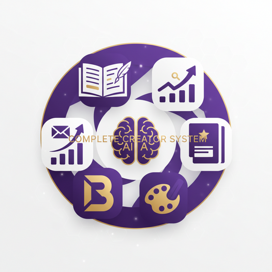 Circular graphic with various icons and text on a purple background