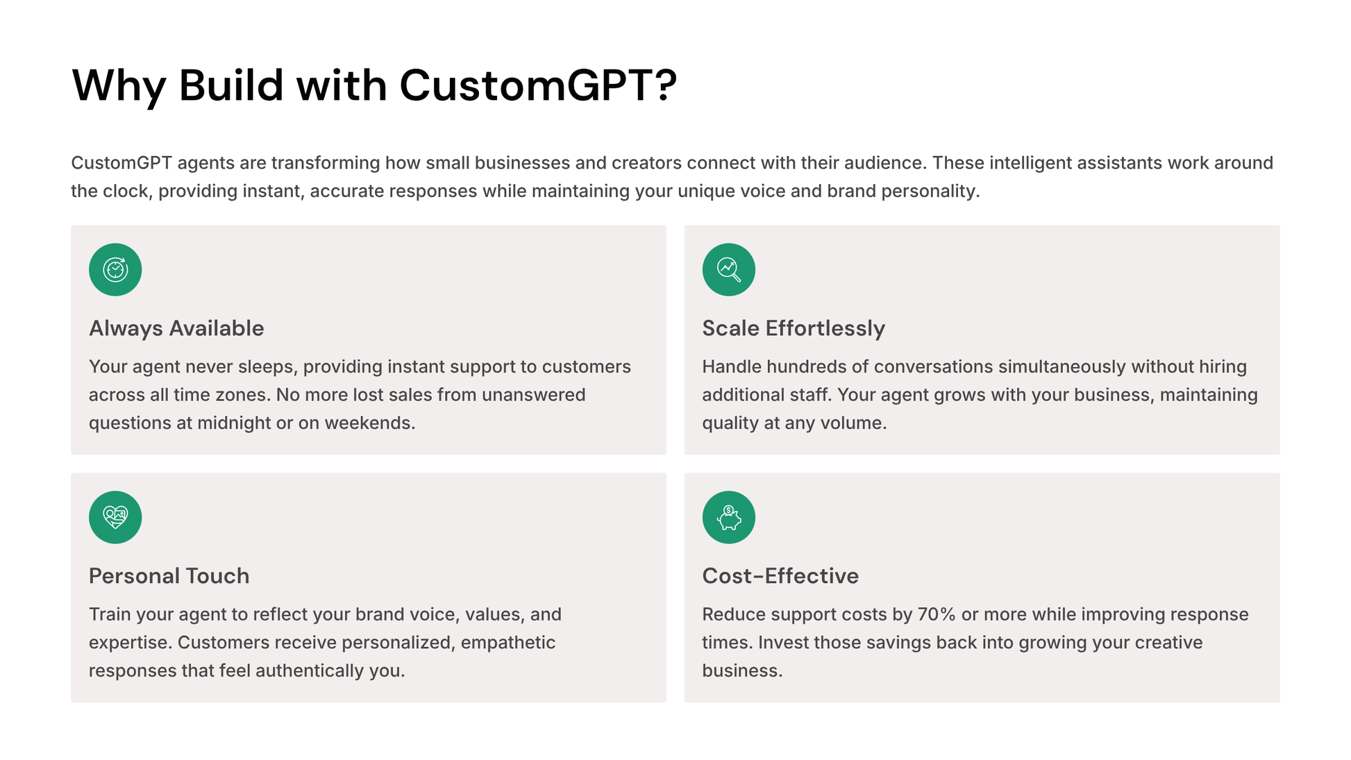 CustomGPT agent builder guide showcasing benefits like availability, scale, personal touch, and cost-effectiveness