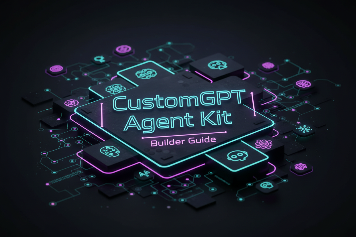 CustomGPT agent builder guide with a sleek digital design and neon-themed graphics