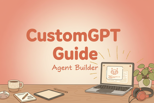 CustomGPT agent builder guide on a laptop with coffee, notebook, and plant