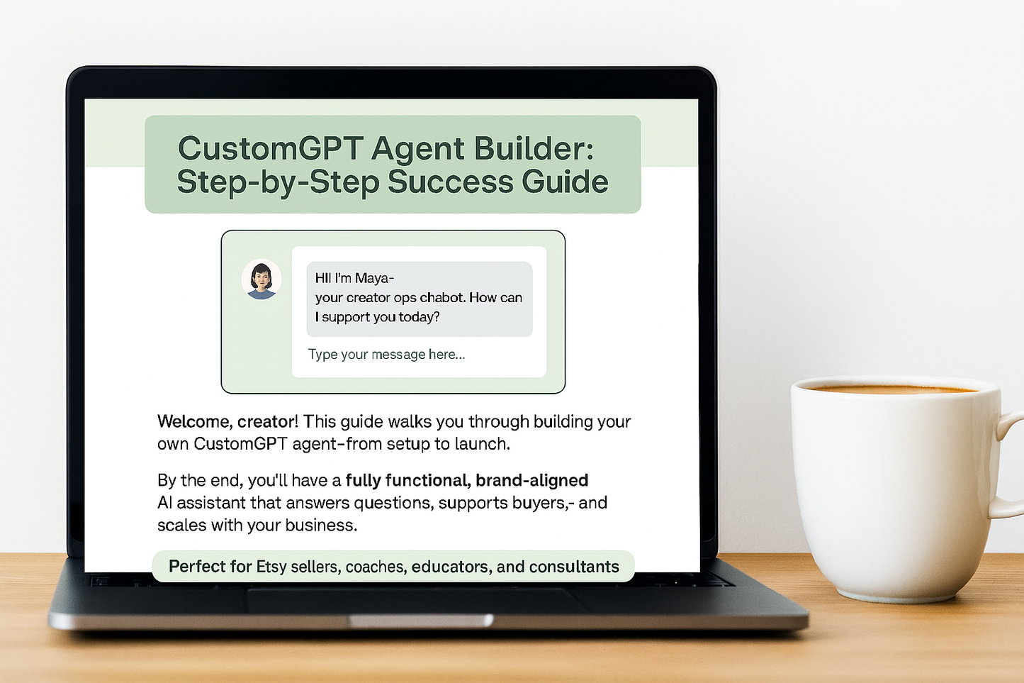 CustomGPT agent builder guide on laptop screen for creating AI chatbots with step-by-step instructions