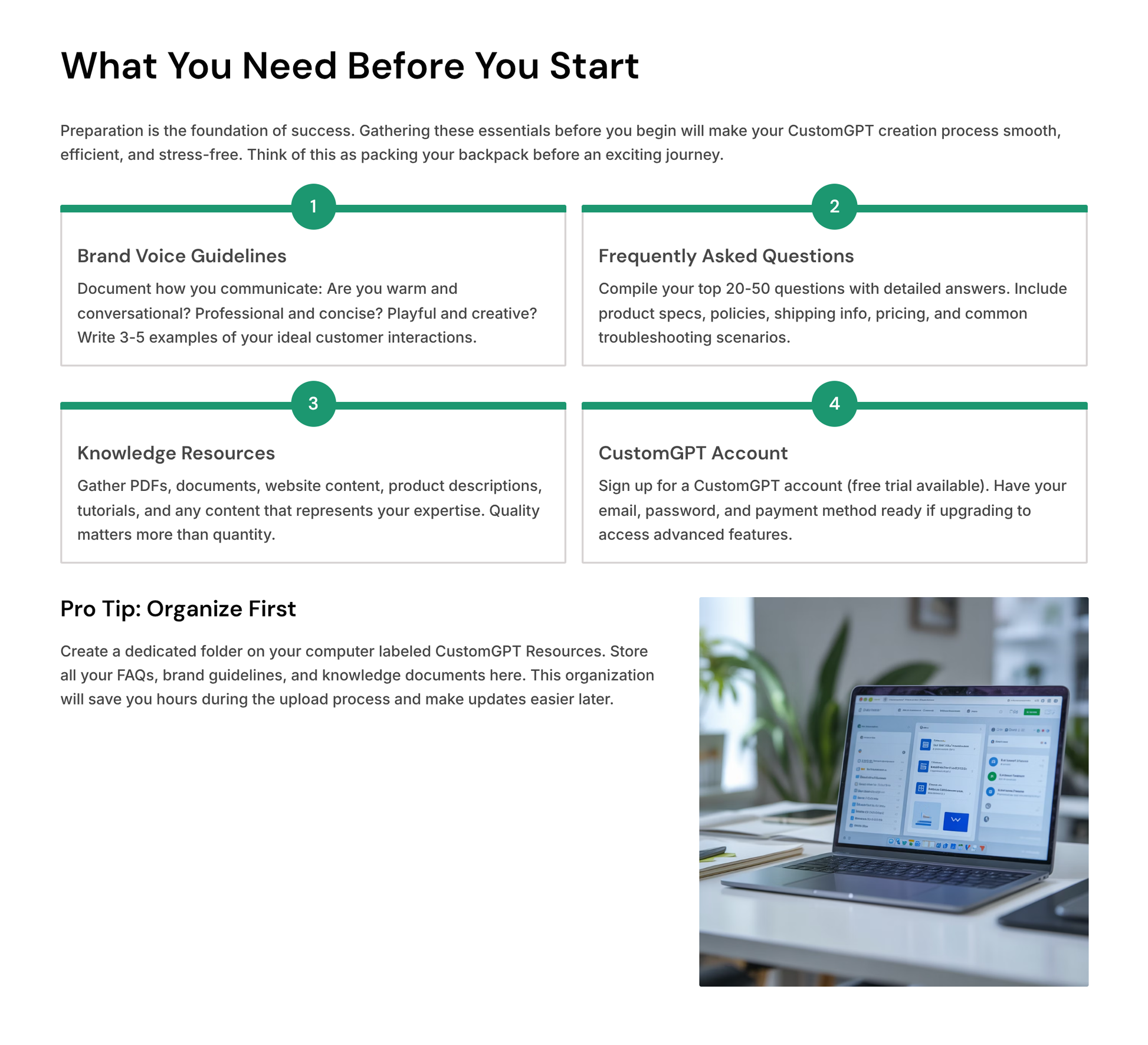 CustomGPT agent builder guide covering brand voice, FAQs, and knowledge resources for effective use