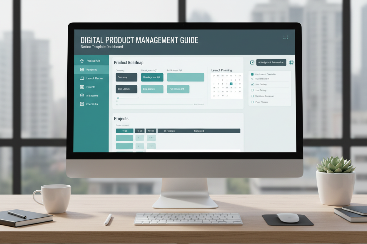 Digital Product Management Guide displayed on a desktop computer with a sleek workspace setup