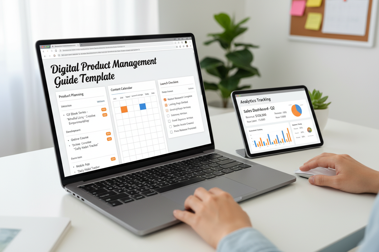 Template in action showing product planning, content calendar, and launch checklist