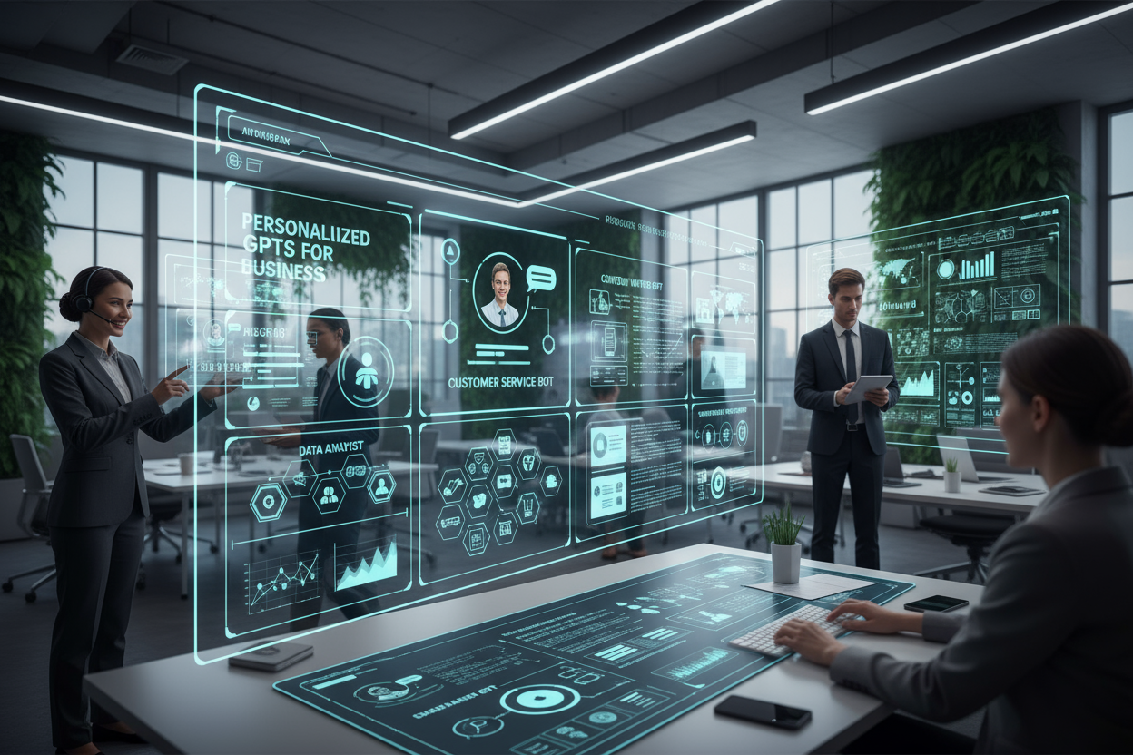 Professional team collaborating with personalized GPTs for business in a modern office setting