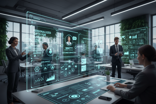 Professional team collaborating with personalized GPTs for business in a modern office setting