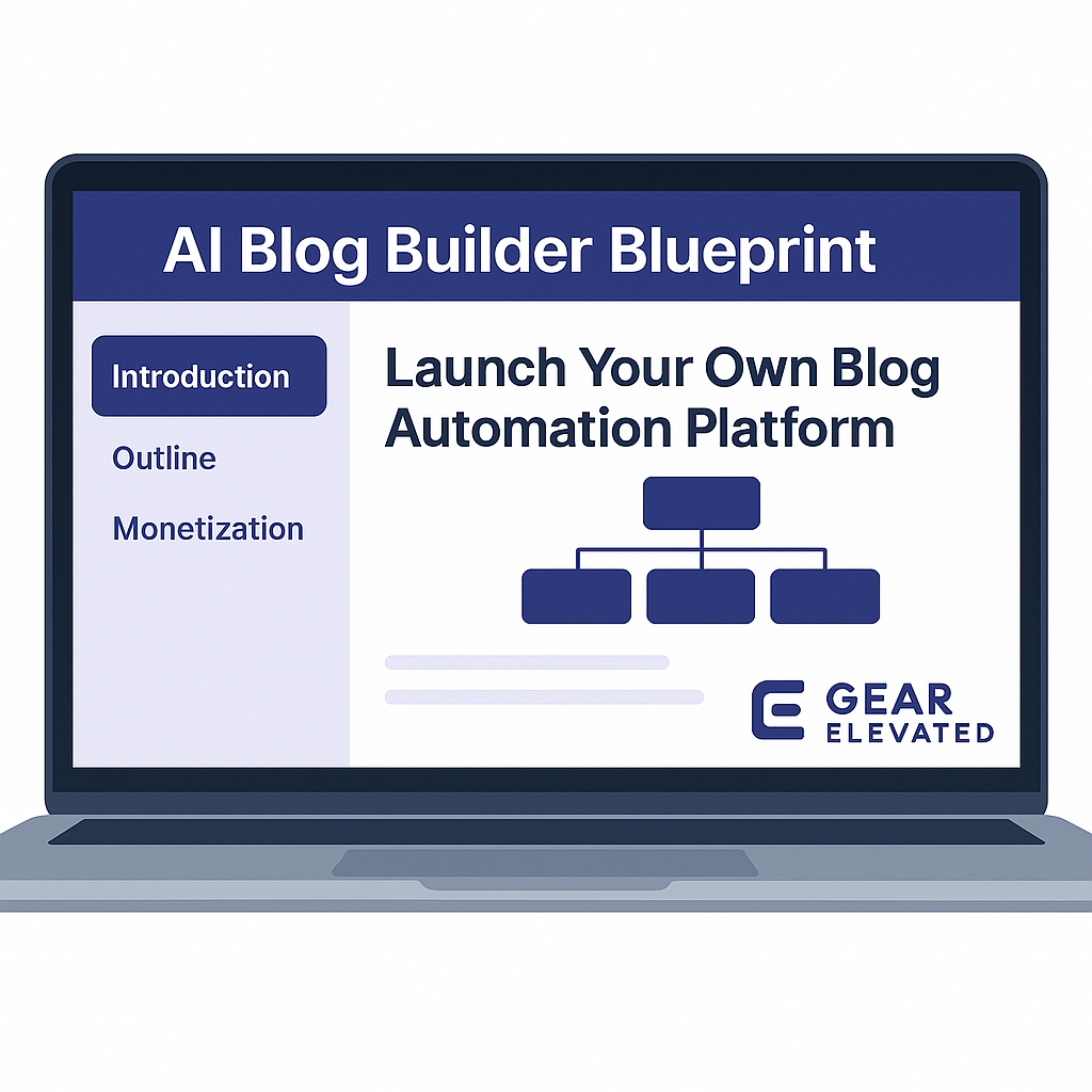 Gear Elevated AI blog automation platform interface on a laptop showcasing blog building features