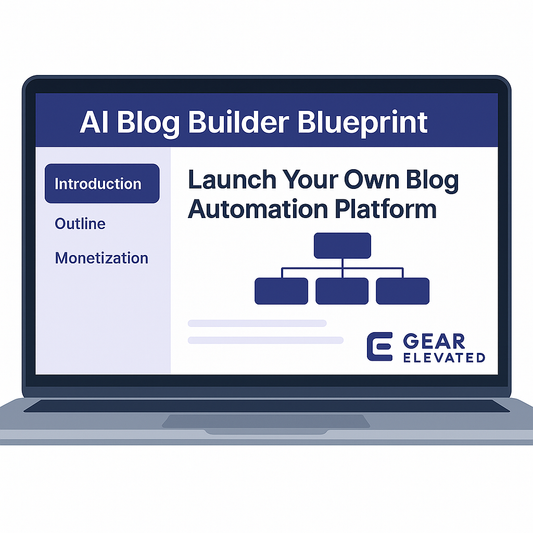 Gear Elevated AI blog automation platform interface on a laptop showcasing blog building features