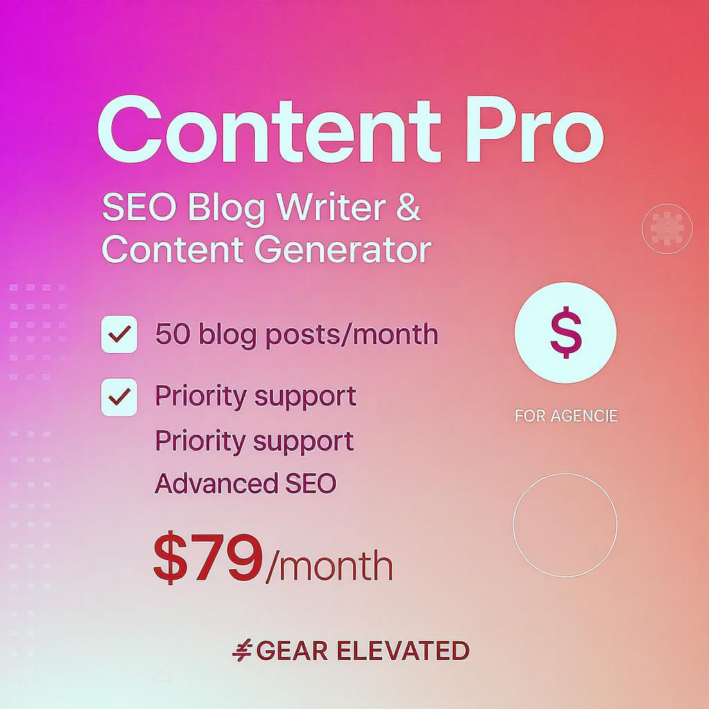 Content Pro by Gear Elevated for agencies featuring an AI SEO content writer service with 50 blog posts per month